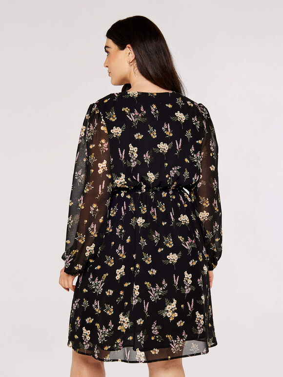 Curve Floral Mini Dress, Black, large