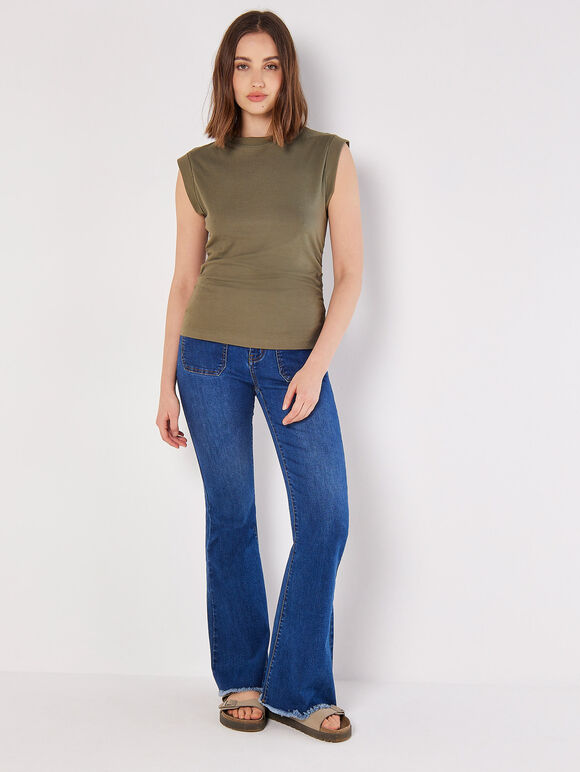 Cotton Jersey Side Ruched T-Shirt, Khaki, large