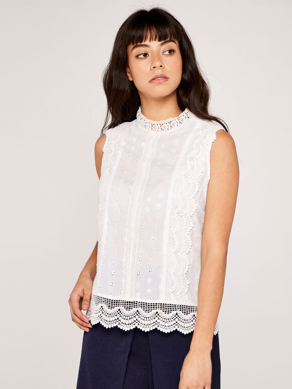 Broderie High Neck Top, Cream, large
