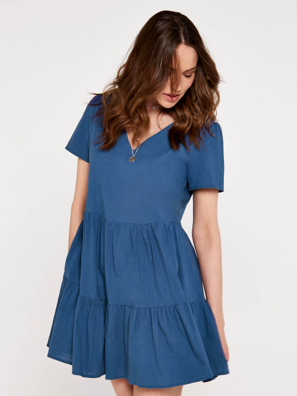 Cotton Neck Tiered Dress, Blue, large