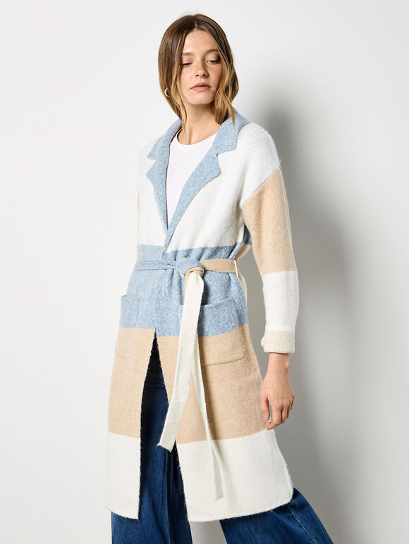 Colour Block Belted Coatigan, Stone, large