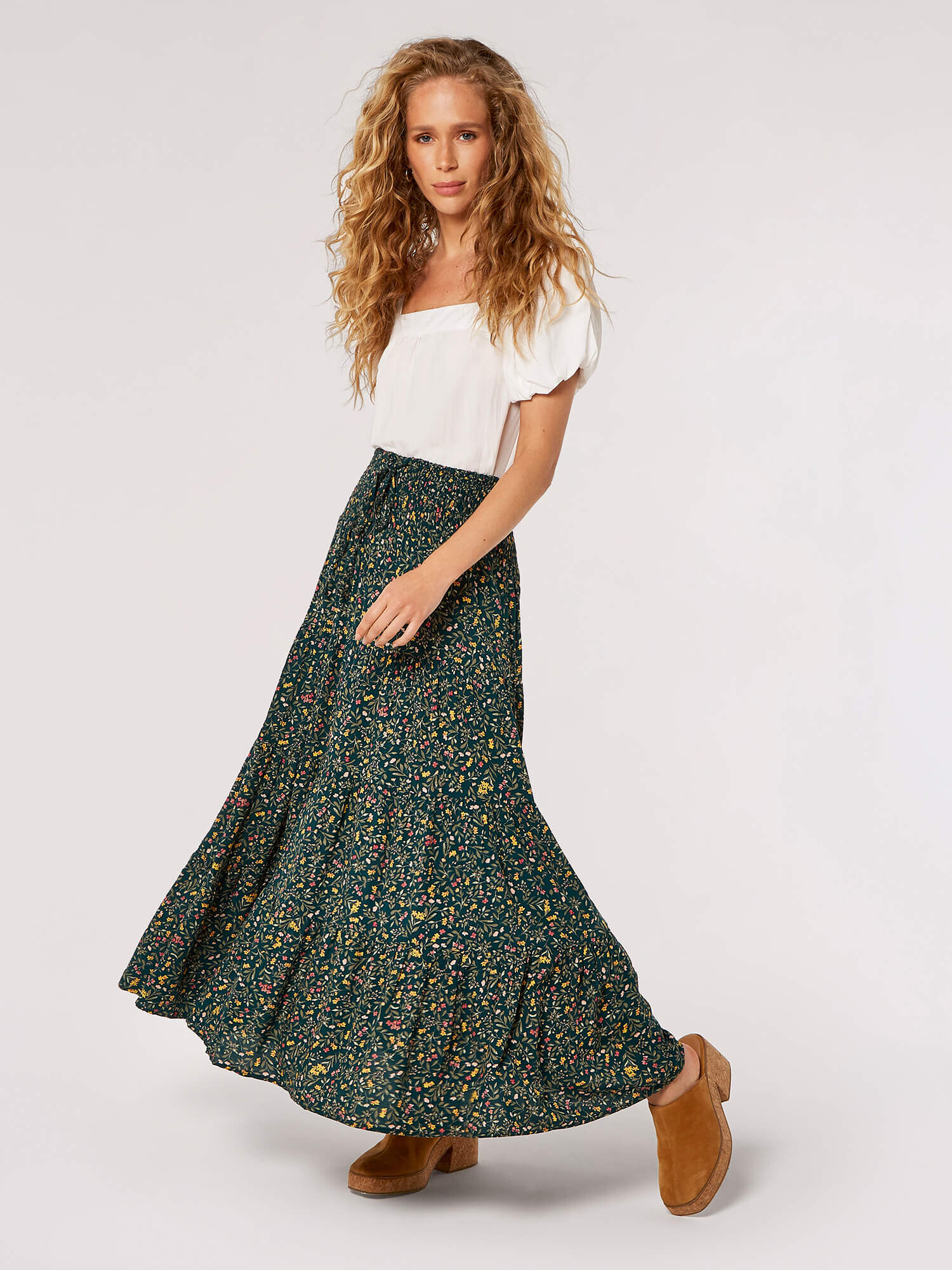 Forest Floral Tiered Maxi Skirt Apricot Clothing