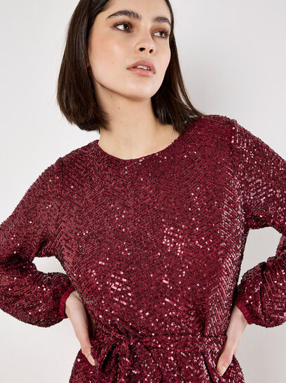 Chevron Sequin Belted Mini Dress