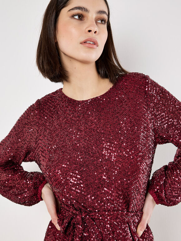 Chevron Sequin Belted Mini Dress, Burgundy, large