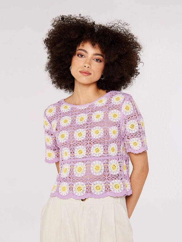 Granny Square Crochet Tee, Lilac, large
