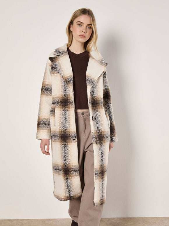 Soft Oversized Check Coat, Cream, large