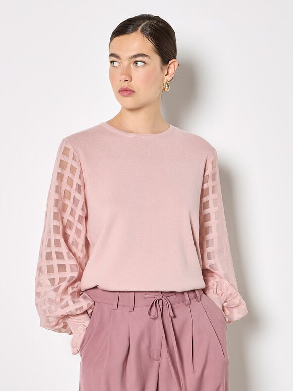 Contrast Organza Sleeves Jumper, Pink, large