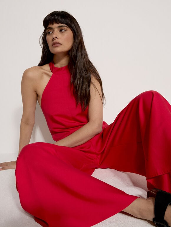 Halter Neck Wide-Leg Jumpsuit, Red, large