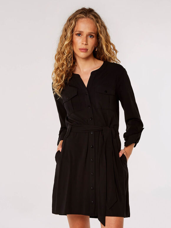 Utility Shirt Mini Dress , Black, large