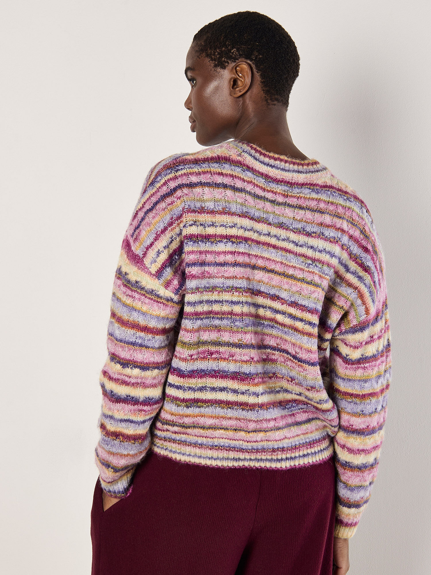 Multicoloured Stripe Aran Jumper Apricot Clothing