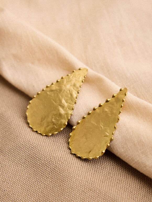 Gold Tone Textured Teardrop Earrings, Gold, large