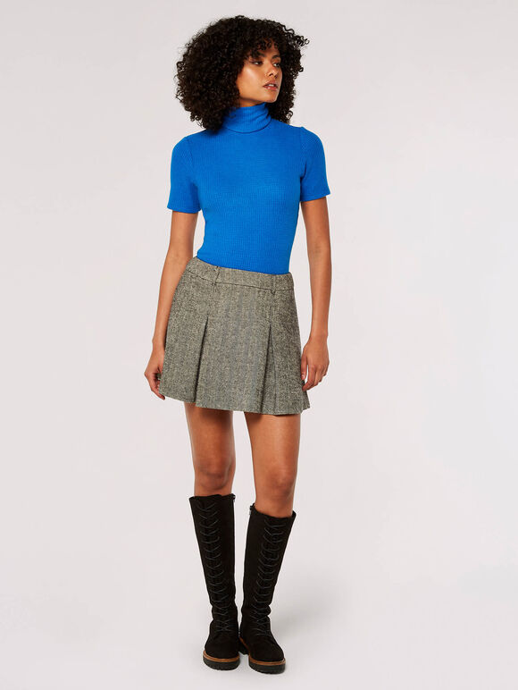Pleated Herringbone Mini Skirt, Black, large