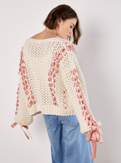 Chunky Knit Cropped Bow Cardigan