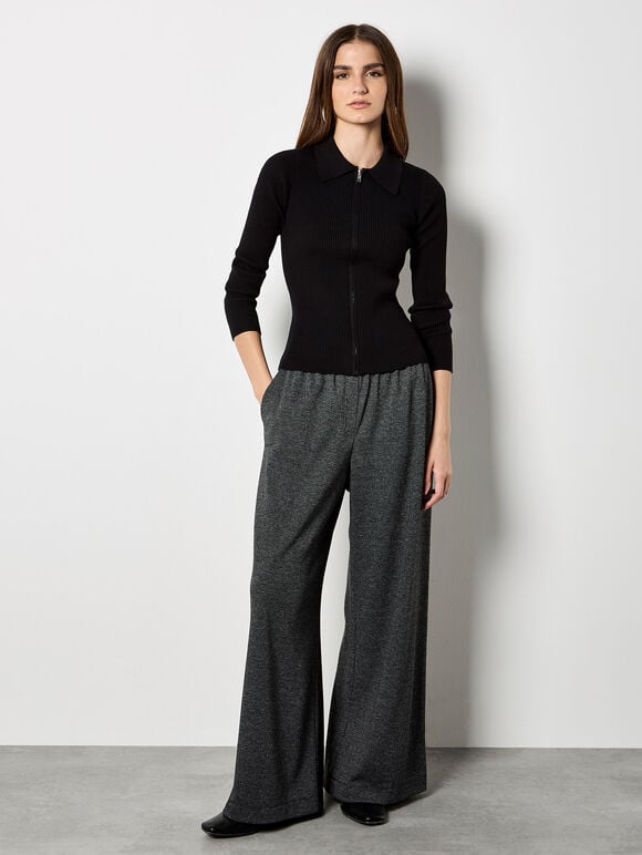 Zip Through Ribbed Knit Cardigan, Black, large