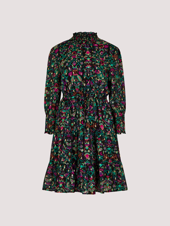 Gold Foil Paisley Mini Dress, Black, large
