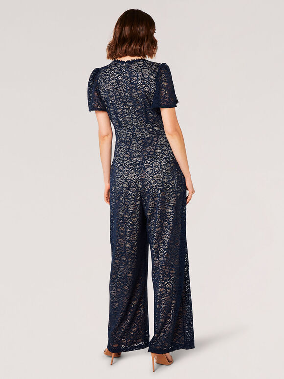 Lined Ornate Lace Jumpsuit, Navy, large