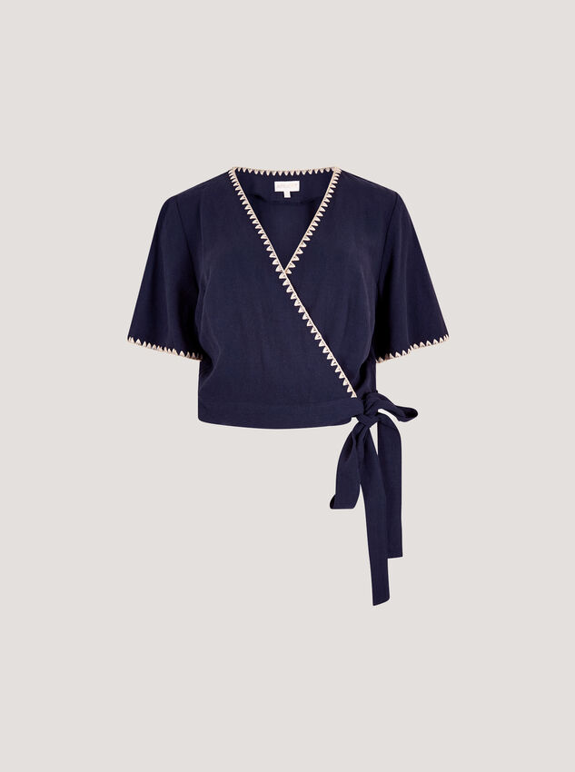 Stitch Detail Linen Blend Wrap Top, Navy, large