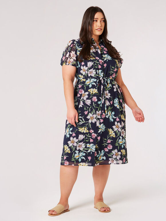 Curve Graphic Floral Shirt Midi Dress, Navy, large