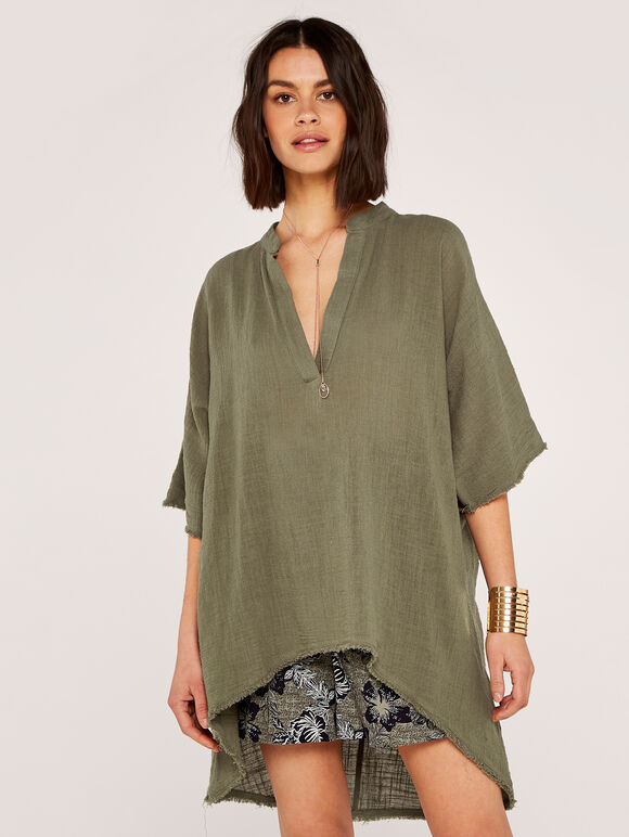 Raw Edge Tunic Top, Khaki, large