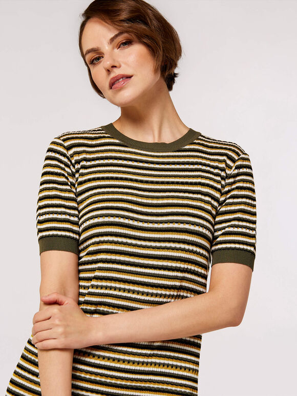 Stripe Knit Midi Dress, Khaki, large