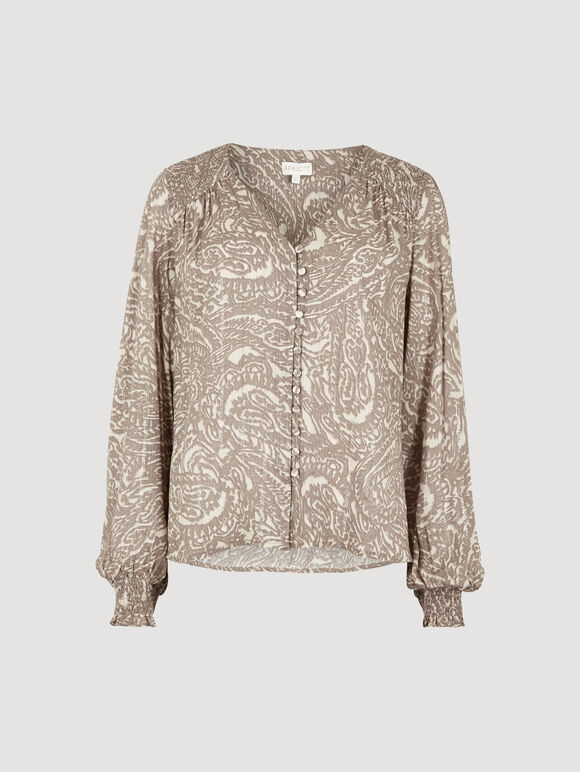 Paisley Print Shimmer Blouse, Grey, large