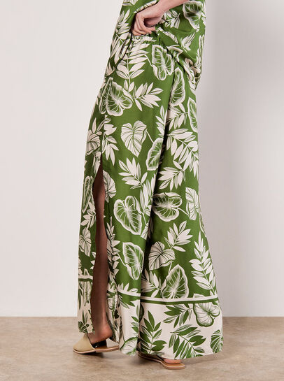 Tropical Leaf Print Satin Wide Leg Trousers