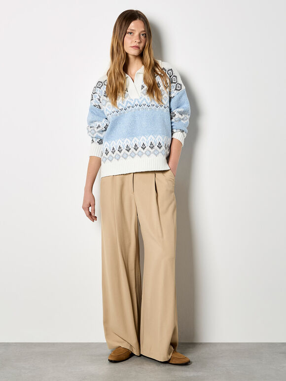 Open Collar Fair Isle Jumper, Blue, large