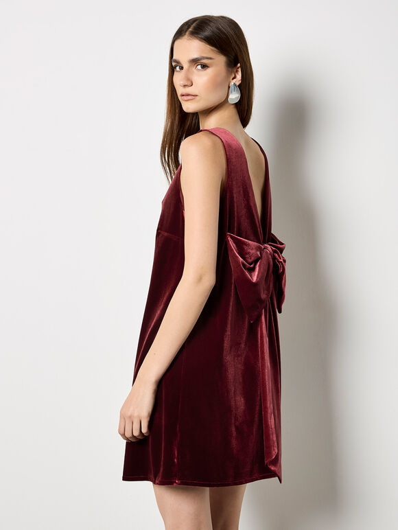 Velvet Bow Back Swing Dress, Burgundy, large