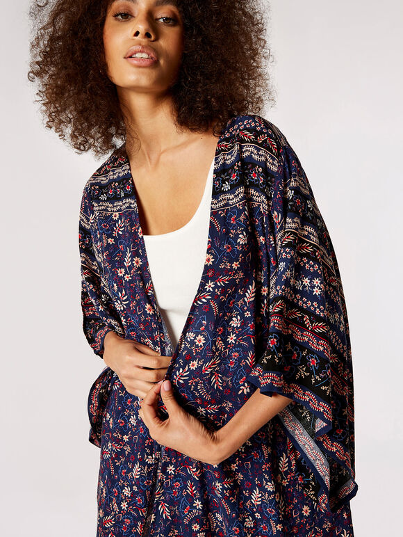 Folk Floral Longline Kimono, Rot, groß