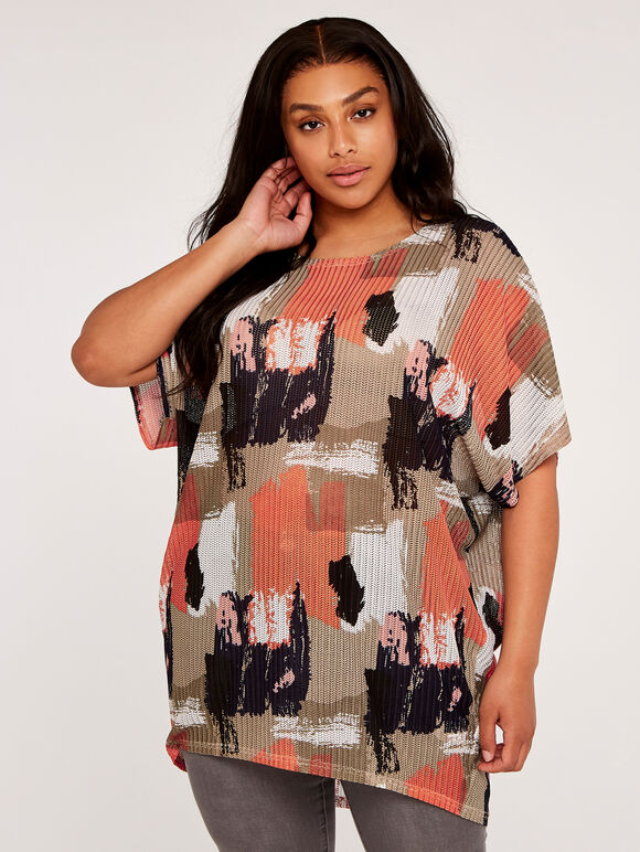 Curve Paintsplash Mesh Oversized Top, Coral, large