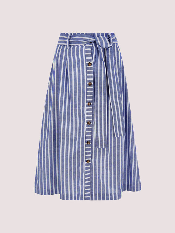 Striped Button Midi Skirt, Blue, large