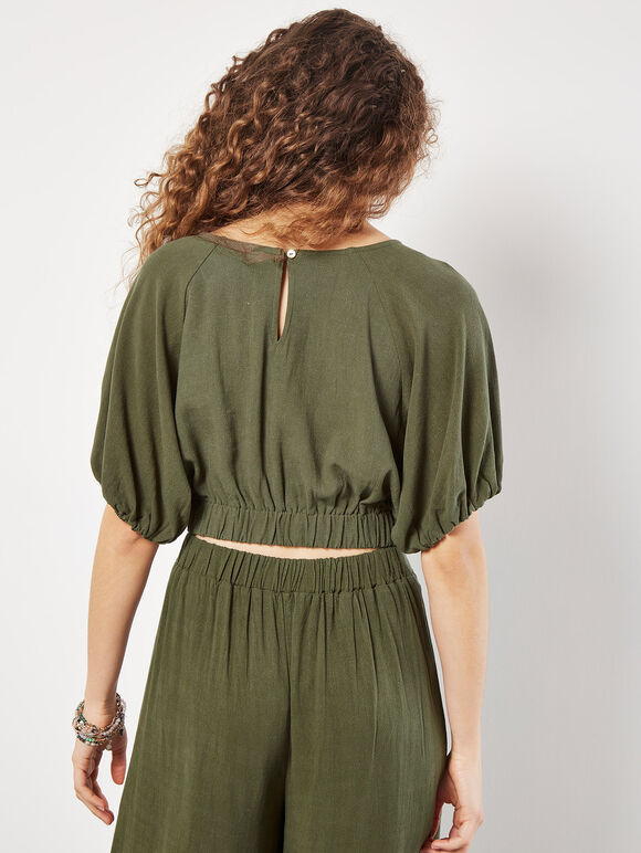 Linen Blend Crop Top, Khaki, large