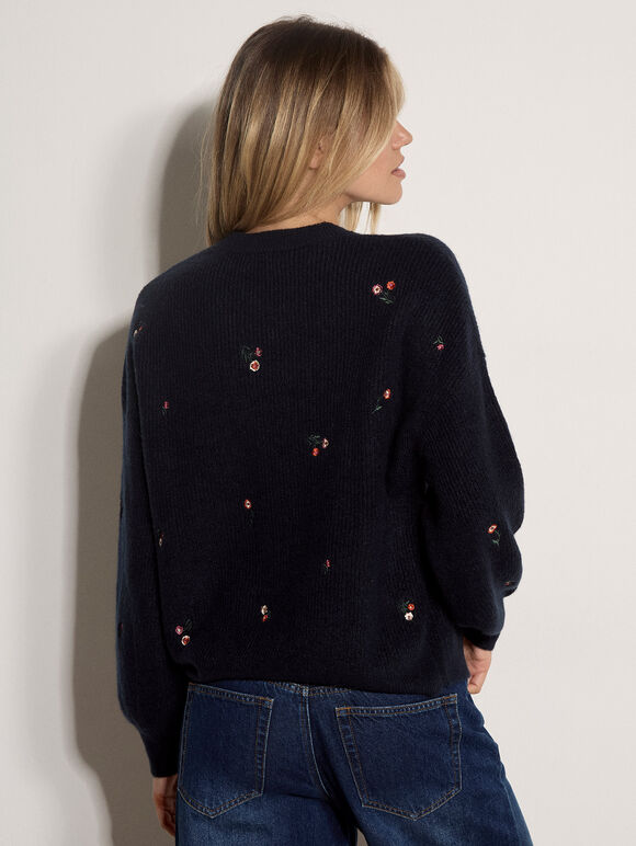 Floral Embroidered Jumper, Navy, large