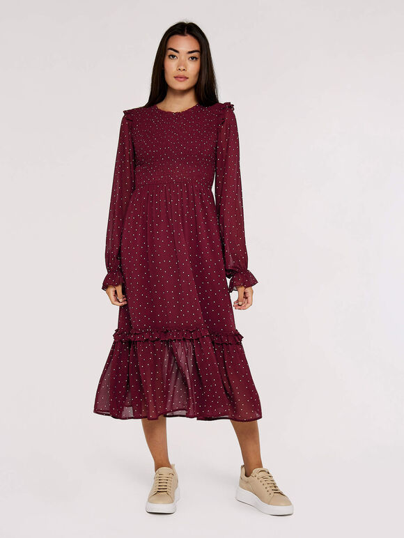 Dot Smock Midi Dress, Burgundy, large