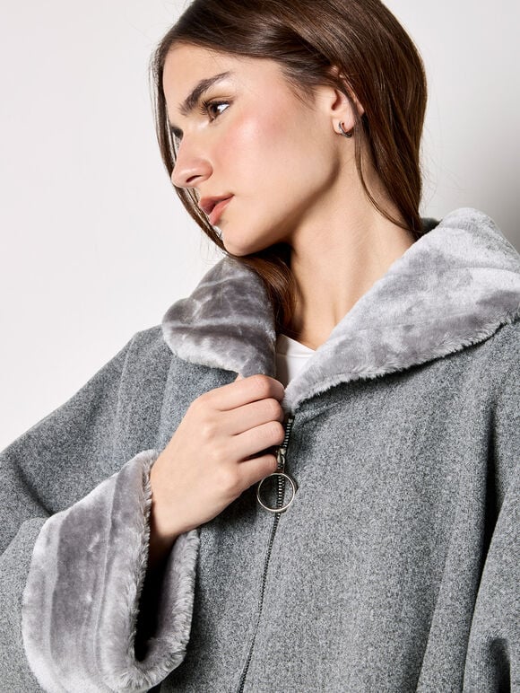Faux Fur Zip Fleece Jacket, Grey, large