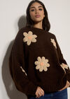 Chunky Knit Flower Applique Jumper, Brown, large