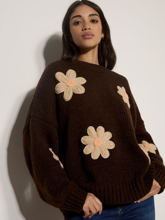 Chunky Knit Flower Applique Jumper, Brown, large