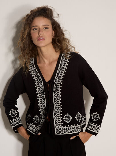 Soft Ribbed Knit Embroidered Cardigan