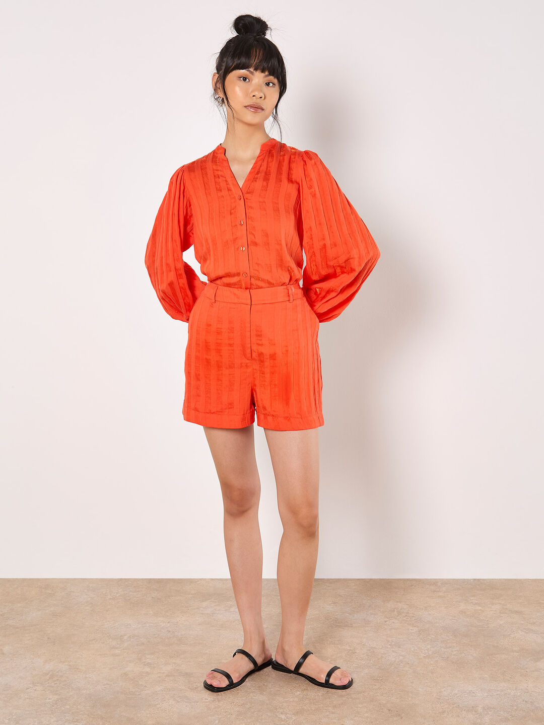 Orange Self Stripe Shorts & Shirt Co-ord