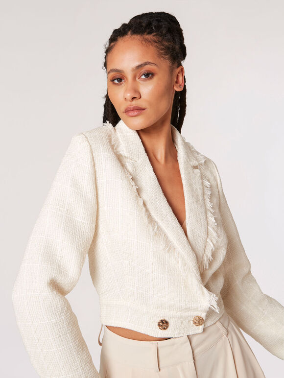 Fringed Cropped Tweed Blazer, Cream, large