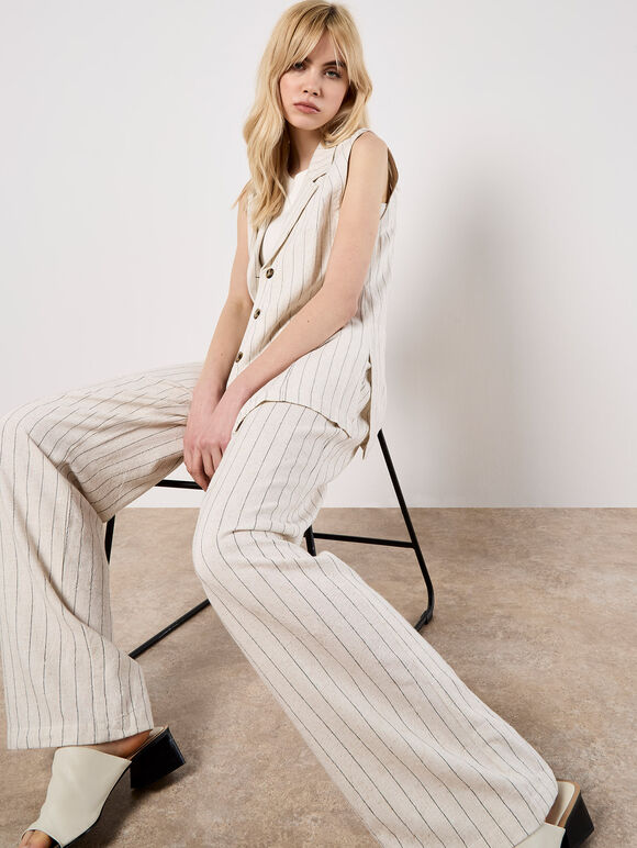 Straight Leg Pinstripe Woven Trousers, Stone, large