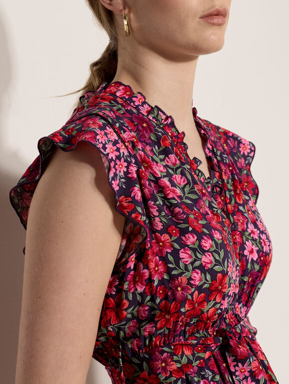 Ruffle Floral Patchwork Mini Dress, Purple, large