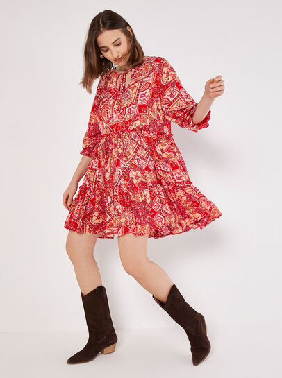 Scarf Print Tiered Mini Dress