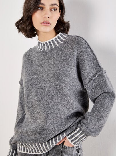Stripe Trim Mock Neck Oversized Jumper