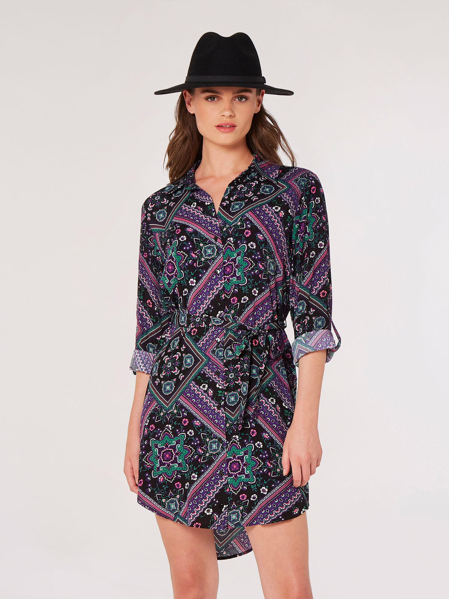 Scarf Print Shirt Mini Dress Apricot Clothing