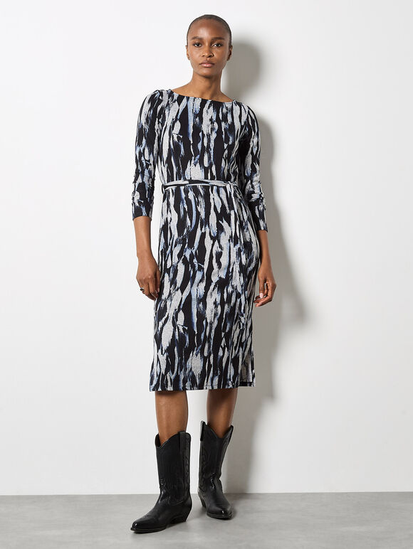 Brushstroke Knitted Midi Dress, Blue, large
