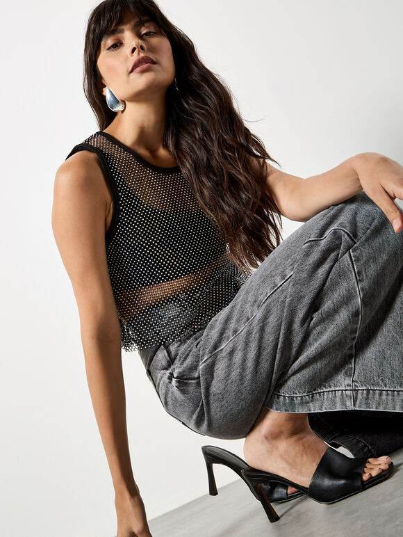 Rhinestone Mesh Crop Top, Black, large