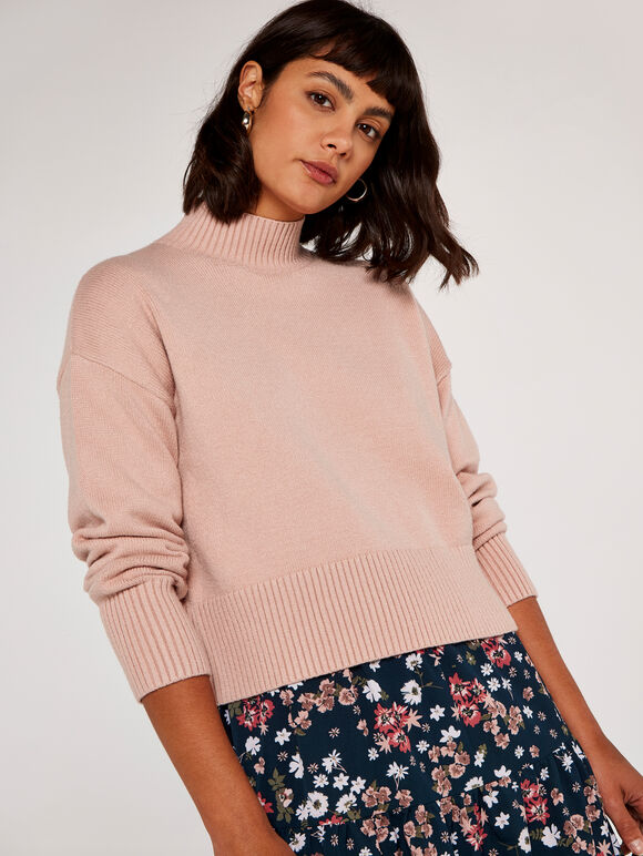 Chunky Mock Neck Jumper, Pink, large