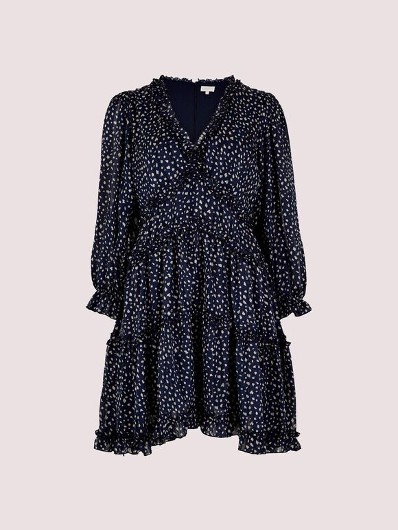 Textured Dot Ruffle Dress, Navy, large