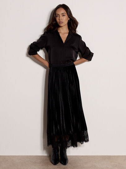 Pleated Velvet Lace Trim Midi Skirt